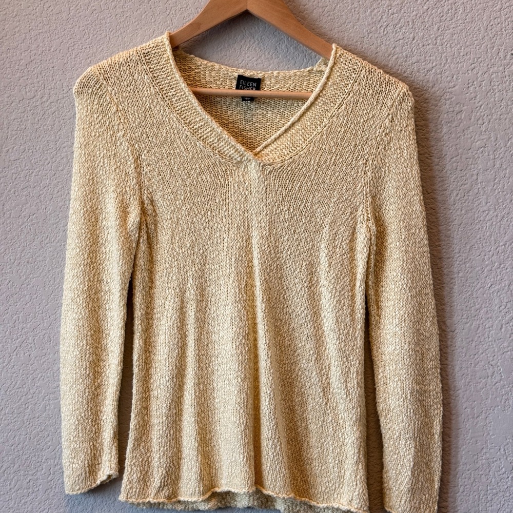 Eileen Fisher V-Neck Sweater Viscose Linen Italian Yarn Womens Cream PL Petite
